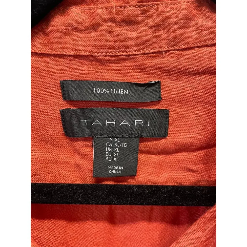Tahari Women's Long Sleeve Button Up 100% Linen Blouse Rust Orange Size XL